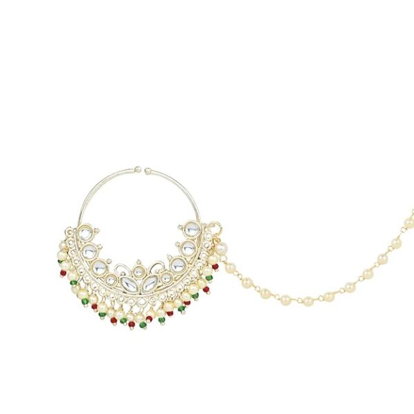 I Jewels Gold Plated Traditional Ethnic Bridal Nose Ring/Nath Without Piercing with Pearl Chain Encased with Pearl Stone for Women/Girls (NL70W) - Image 3
