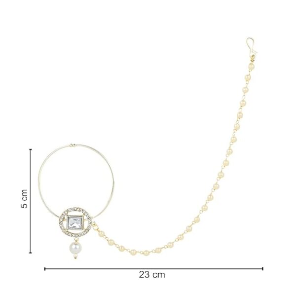 I Jewels Gold Plated Traditional Ethnic Bridal Nose Ring/Nath Without Piercing with Pearl Chain Encased with Pearl Stone for Women (NL63W) - Image 2