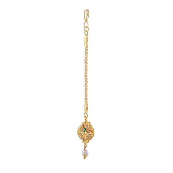 Estele CZ Entwined Peacock Designer Maang Tikka with Pearls for Girls & Women's - Image 3