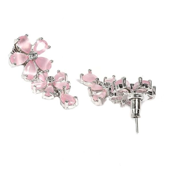 ZENEME Rhodium Plated Silver Toned White American Diamond Studded Flower Shaped Jewellery Set For Girls and Women - Image 2