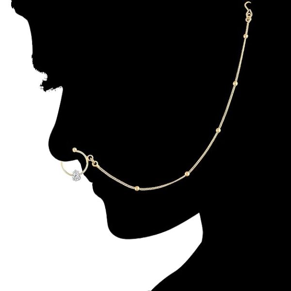 I Jewels 18k Gold Plated Traditional Ethnic Bridal Nose Ring/Nath without piercing with Pearl Chain Encased with Stone for Women/Girls (NL44) - Image 3