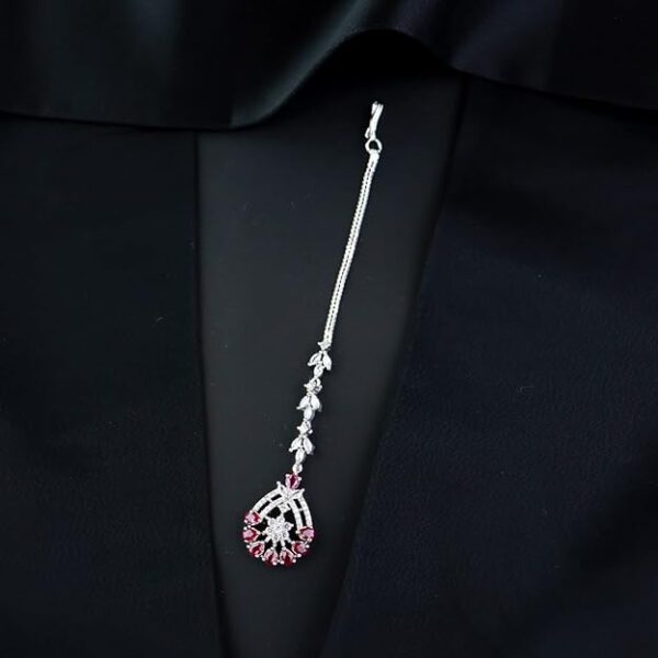 I Jewels Elegant Silver Plated Beautiful AD & CZ Studded Crystal Maang Tikka for Women and Girls - Image 5