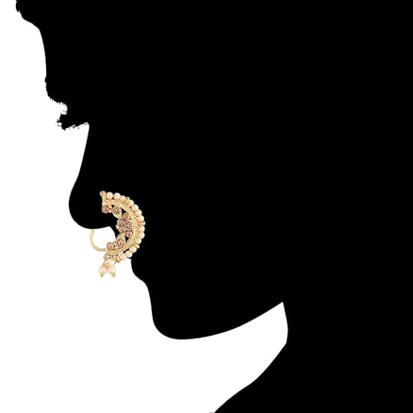 I Jewels 18k Gold Plated Traditional Ethnic Bridal Nose Ring/Nath without piercing Encased with Pearl Stone for Women/Girls (NL46FL) - Image 2