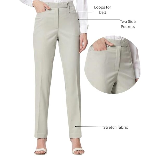 Powersutra Trouser Pants for Women | Solid | Formal Office Wear | Mid Waist | Slim Fit | Side Pockets | Poly Cotton | Sage Green - Image 2