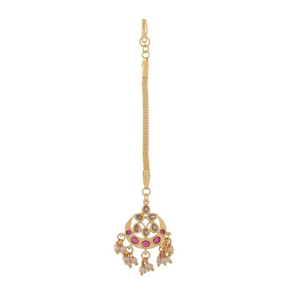 Estele Maang Tikka for Women Gold Plated CZ Traditional Kundan Studded Maang Tikka with White Pearls for Girls and Women-AD-MT-009-IG TIKAA