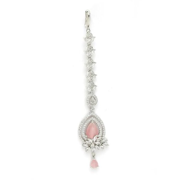 Zeneme Rhodium Plated Designer American Diamonad Tear Drop Crytal Studded Silver Toned Maang Tikka for Women and Gifts for Girls - Image 2