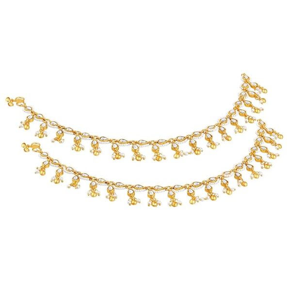 Peora Gold Plated White Kundan & Beads Studded Ethnic Anklet Traditional Payal Jewellery for Women - Image 2