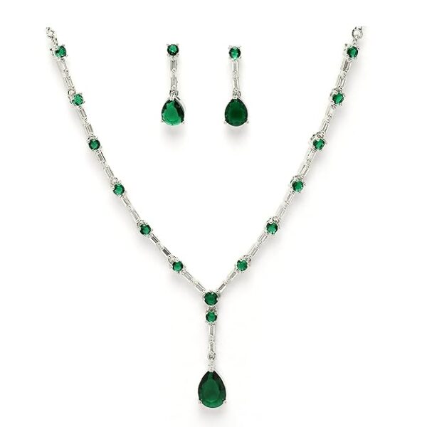 ZENEME Jewelry Luxury Green American Diamond Crytal Sleek Silver Plated Necklace Jewellery Set For Women & GIfts For Girls