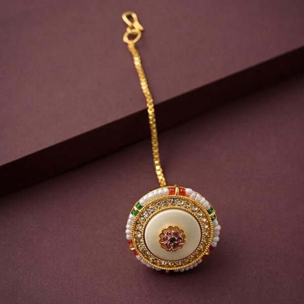 VAMA FASHIONS Gold Tone Circular Bell Shape Maang Tikka with Beads White Stones Traditional Hair Accessory for Women & Girls - Image 2