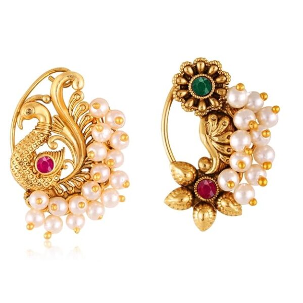 Vighnaharta Golden Moti Pearls Nath Nathiya nose pin Gold Plated Alloy two Nose Ring for woment [VFJ1134Red-1180NTH-Press-Multi]