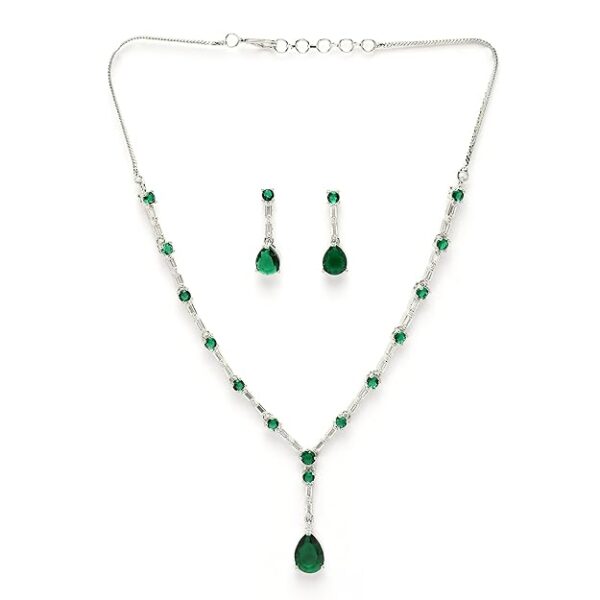 ZENEME Jewelry Luxury Green American Diamond Crytal Sleek Silver Plated Necklace Jewellery Set For Women & GIfts For Girls - Image 4