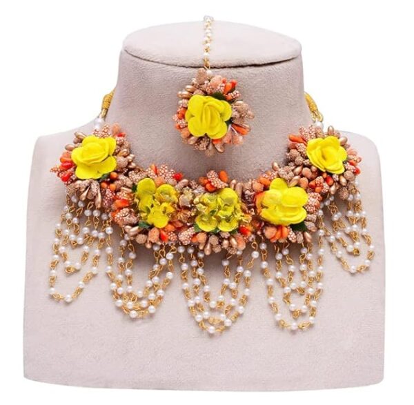 RKG HANDICRAFTS Womens Beautiful Artificial Orange, Yellow & Golden Color Flower Jewelry Set For Haldi Bridal Jewellery Wedding Jewelry Jewelry For Mehndi And Haldi - Image 5