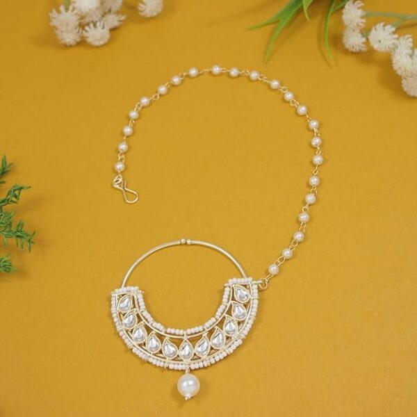 I Jewels Gold Plated Traditional Ethnic Bridal Nose Ring/Nath Without Piercing with Pearl Chain Encased with Pearl Stone for Women/Girls - Image 5