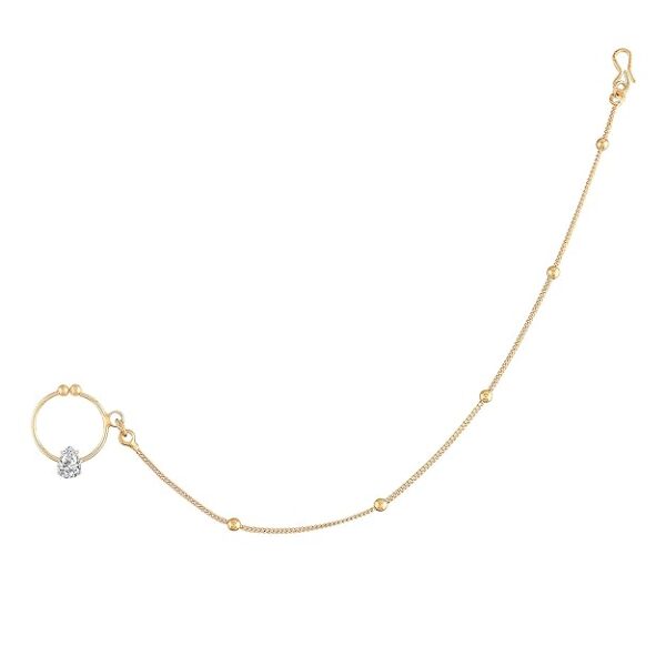 I Jewels 18k Gold Plated Traditional Ethnic Bridal Nose Ring/Nath without piercing with Pearl Chain Encased with Stone for Women/Girls (NL44)