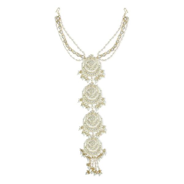 I Jewels Gold Plated Traditional Handcrafted White Kundan and Pearl Studded Paranda/Hair Braid Pin Choti For Bridal Perfect for Wedding (T2096W)