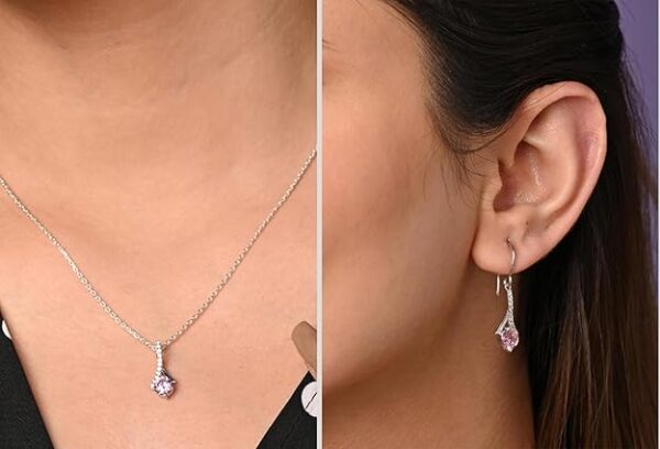 Clara 925 Sterling Silver Pink Solitaire Pendant Earring Chain Jewellery Set | Rhodium Plated, Swiss Zirconia | Gift for Women & Girls - Image 2