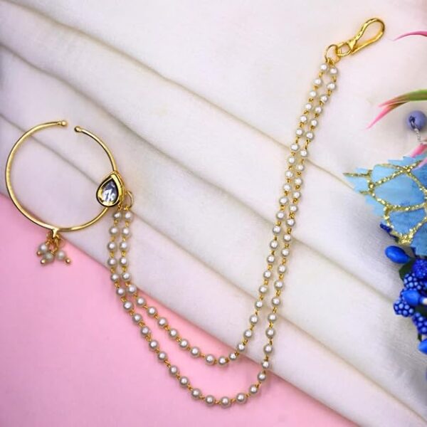 JWELLA Gold Plated Traditional Ethnic Bridal Nose Ring/Nath without piercing with Pearl Chain Encased with Pearl Stone - Image 3