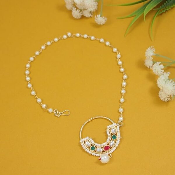 I Jewels Gold Plated Traditional Ethnic Bridal Nose Ring/Nath Without Piercing with Pearl Chain Encased with Pearl Stone for Women/Girls - Image 5