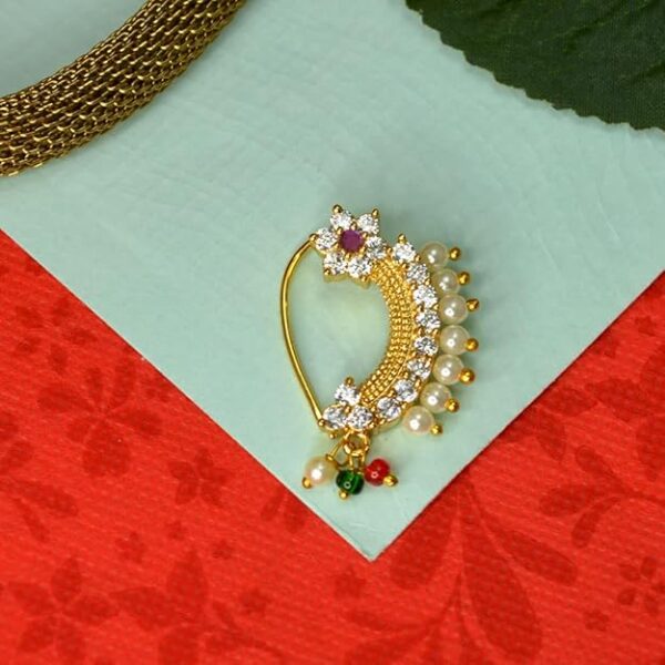 JEWELOPIA Maharashtrian Nath CZ Nose pin Traditional Bridal Nath Wedding Jewellery Marathi AD Nose Stud non piercing Pearl Gold Plated Clip On Press Nath Nose Ring For Girls - Image 6