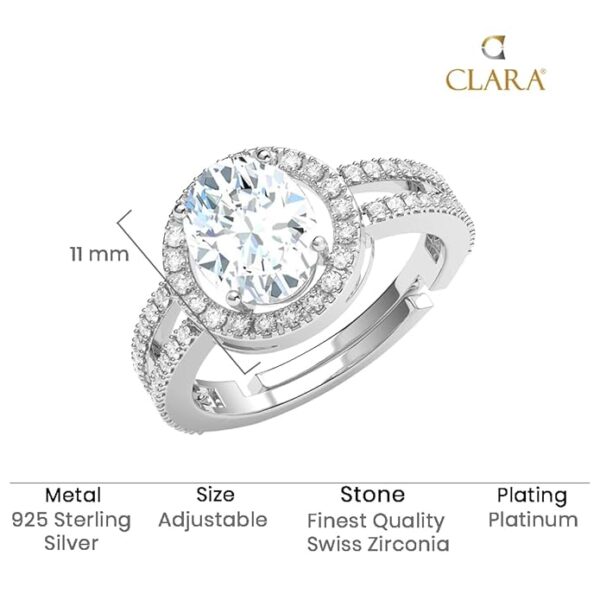 Clara Pure 925 Sterling Silver Frida Statement Solitaire Finger Ring | Swiss Zircon Platinum Plated | Size Adjustable | Gift for Women Girls Wife Girlfriend - Image 2