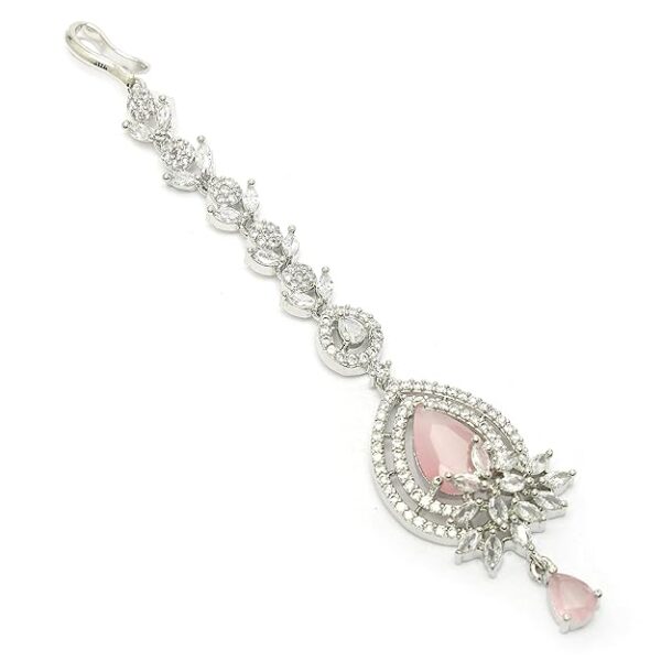 Zeneme Rhodium Plated Designer American Diamonad Tear Drop Crytal Studded Silver Toned Maang Tikka for Women and Gifts for Girls