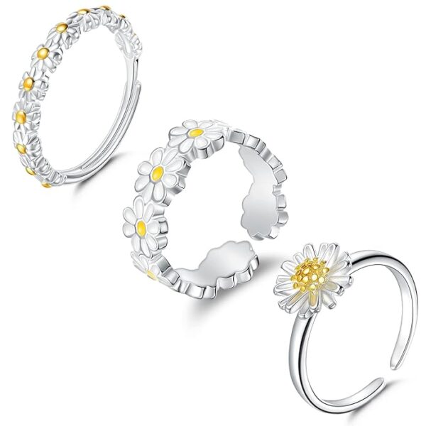 SYOSI Daisy Rings, 3 Pcs Adjustable Daisy Rings Open Band Rings for Women Men Wedding Anxiety Flower Rings Silver Stacking Rings for Women Girls Jewelry Sets Japanese Small Chrysanthemum Rings,