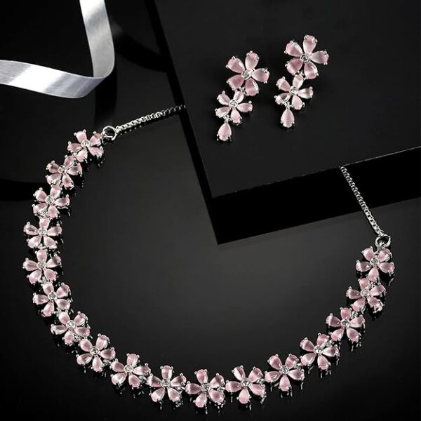 ZENEME Rhodium Plated Silver Toned White American Diamond Studded Flower Shaped Jewellery Set For Girls and Women - Image 6