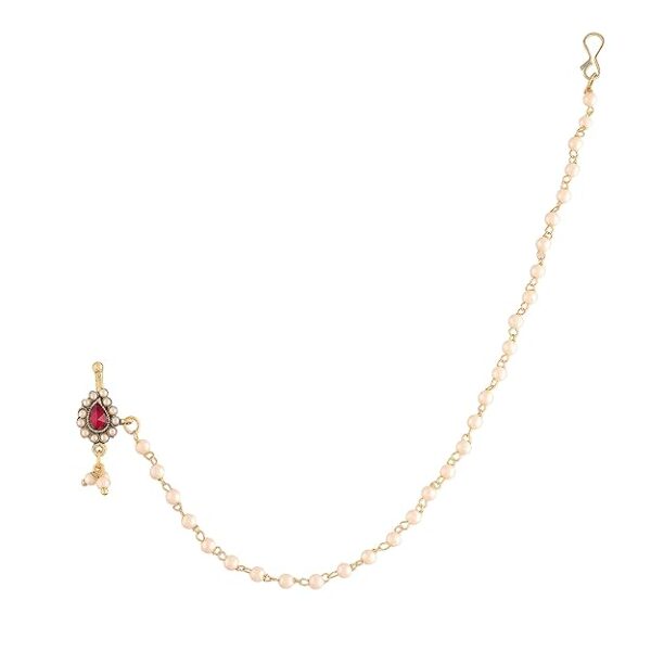 I Jewels Gold Plated Traditional Ethnic Bridal Nose Ring/Nath without piercing with Pearl Chain Encased with Pearl Stone for Women/Girls (NL35)