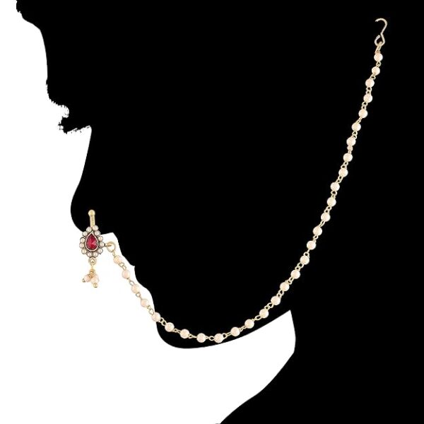 I Jewels Gold Plated Traditional Ethnic Bridal Nose Ring/Nath without piercing with Pearl Chain Encased with Pearl Stone for Women/Girls (NL35) - Image 2