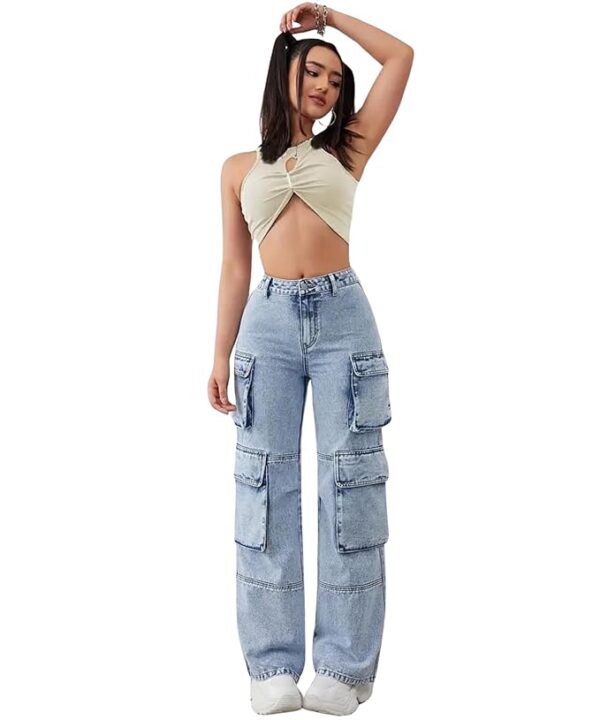 Glossia Fashion Women Cargo Jeans | High Rise Stretchable Baggy Wide LegDenim| Boyfriend Jeans for Women(WJ-1219) - Image 2