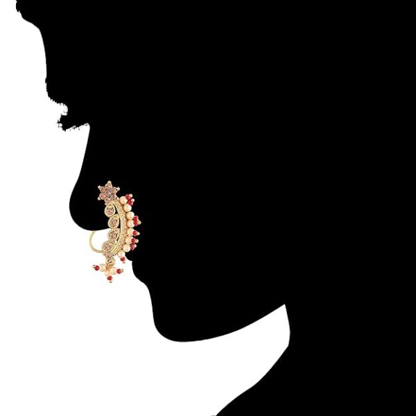 I Jewels 18k Gold Plated Traditional Ethnic Bridal Maharashtrian Nose Ring/Nath without piercing Encased with Pearl Stone for Women/Girls (NL45) - Image 2