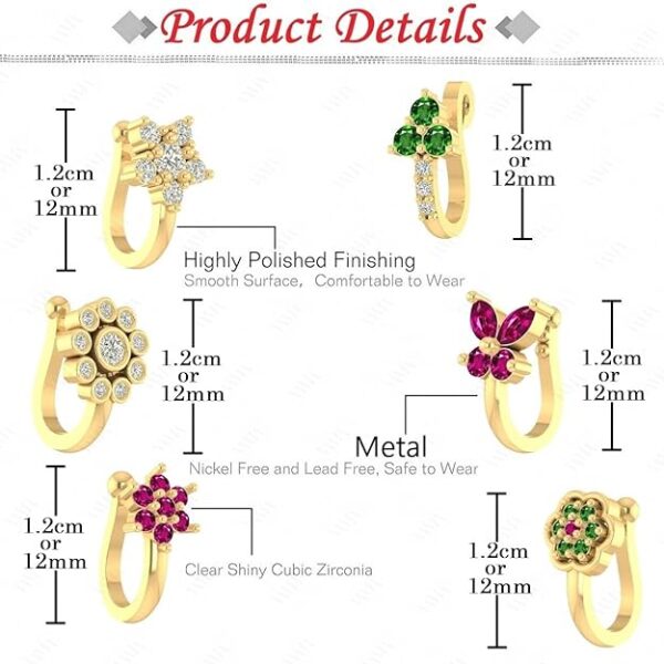 VAMA Gold Plated Clip on Nose pin without Hole Non Piercing Pressing Type Nose ring Stud for Women & Girls - Image 4