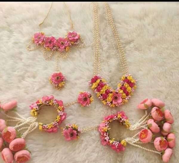 Sanvatsar Home Flower Fabric Handmade Jewellery for Haldi, Baby Shower, Mehndi, Godbharai Set for Women/Girls. Floral Jewellery Set, Jewellery Gift (Pink) - Image 3