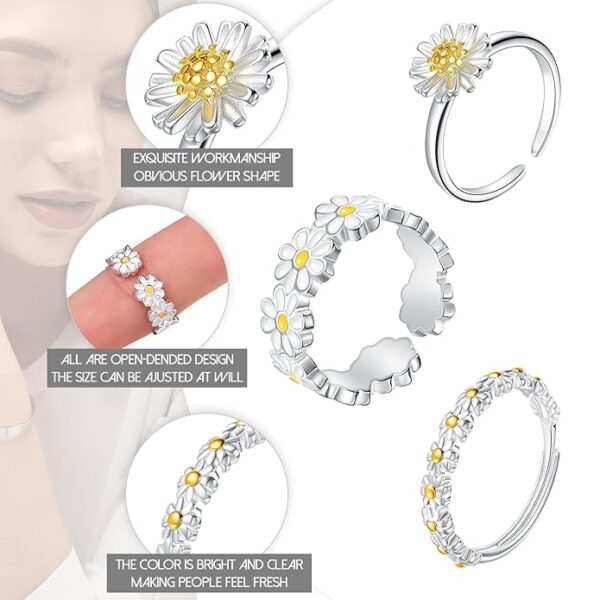SYOSI Daisy Rings, 3 Pcs Adjustable Daisy Rings Open Band Rings for Women Men Wedding Anxiety Flower Rings Silver Stacking Rings for Women Girls Jewelry Sets Japanese Small Chrysanthemum Rings, - Image 5