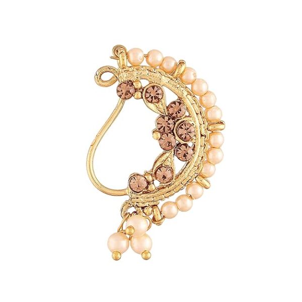 I Jewels 18k Gold Plated Traditional Ethnic Bridal Nose Ring/Nath without piercing Encased with Pearl Stone for Women/Girls (NL46FL)