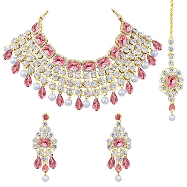 Peora Crystal Choker Necklace with Maang Tikka Earrings Indian Traditional Bridal Wedding Jewellery Set for Women