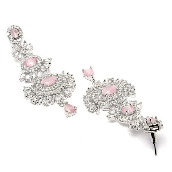 ZENEME Rose Gold Plated American Diamond Studded Maang Tikka & Earrings Jewellery Set For Woment and Girl - Image 3