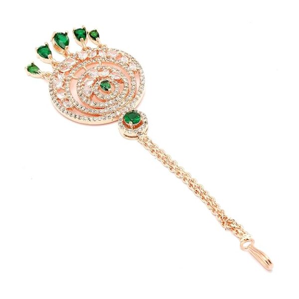 Zeneme Maang Tikka for Women Beautiful AD/American Diamond Studded Rose Gold Plated Crystal Maang Tikka for Women and Girls - Image 3