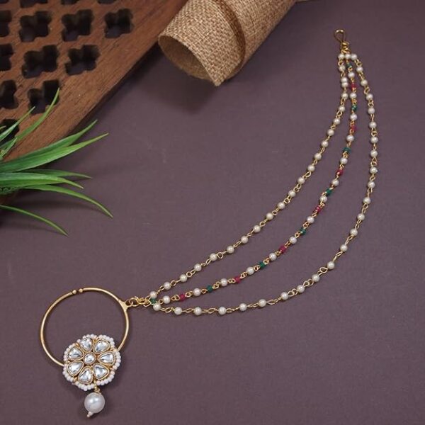 I Jewels Gold Plated Ethnic Bridal Nose Ring/Nath without piercing with Multilayered Pearl Chain (NL81W) - Image 3