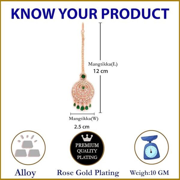 Zeneme Maang Tikka for Women Beautiful AD/American Diamond Studded Rose Gold Plated Crystal Maang Tikka for Women and Girls - Image 2