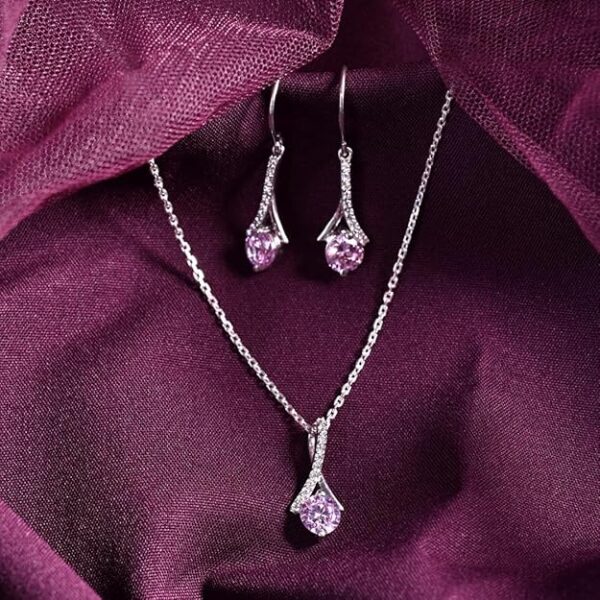 Clara 925 Sterling Silver Pink Solitaire Pendant Earring Chain Jewellery Set | Rhodium Plated, Swiss Zirconia | Gift for Women & Girls - Image 5