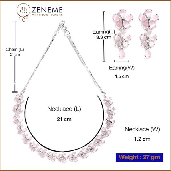 ZENEME Rhodium Plated Silver Toned White American Diamond Studded Flower Shaped Jewellery Set For Girls and Women - Image 3