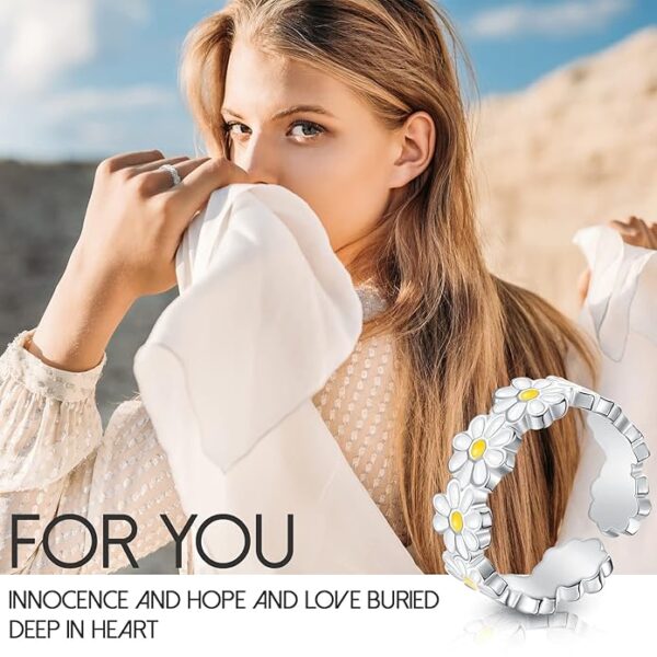 SYOSI Daisy Rings, 3 Pcs Adjustable Daisy Rings Open Band Rings for Women Men Wedding Anxiety Flower Rings Silver Stacking Rings for Women Girls Jewelry Sets Japanese Small Chrysanthemum Rings, - Image 3