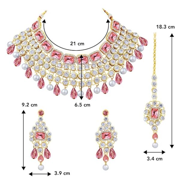 Peora Crystal Choker Necklace with Maang Tikka Earrings Indian Traditional Bridal Wedding Jewellery Set for Women - Image 4