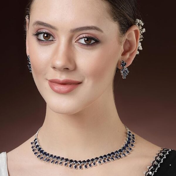 ZENEME Rhodium-Plated Silver Toned Pear Shaped American Diamond Studded Necklace with Earrings Jewellery Set with Girls and Women - Image 6