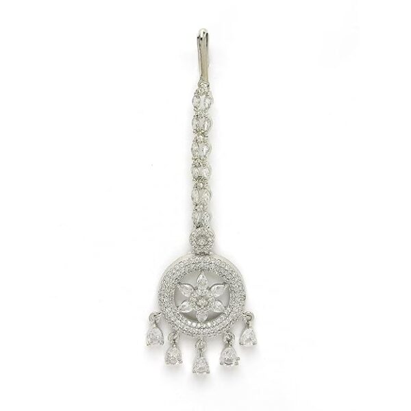 Zeneme Elegant Silver Plated Beautiful American Diamond & CZ Studded Crystal Maang Tikka for Women and Girls - Image 2
