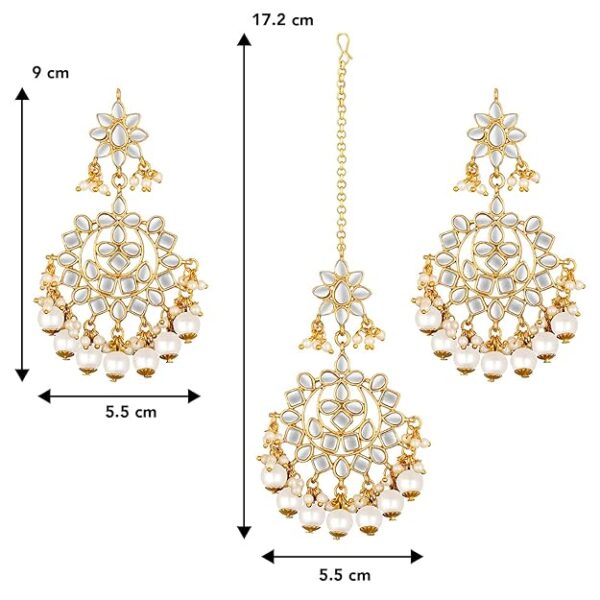 Peora Traditional Gold Plated Kundan Blue Faux Pearl Wedding Chandbali Earrings with Maang Tikka Jewellery Set for Women Girls - Image 4