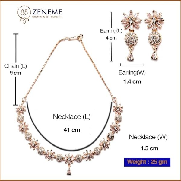 ZENEME Rhodium Plated Silver Toned White American Diamond Studded Necklace With Earring Jewellery Set For Woment and Girl - Image 3
