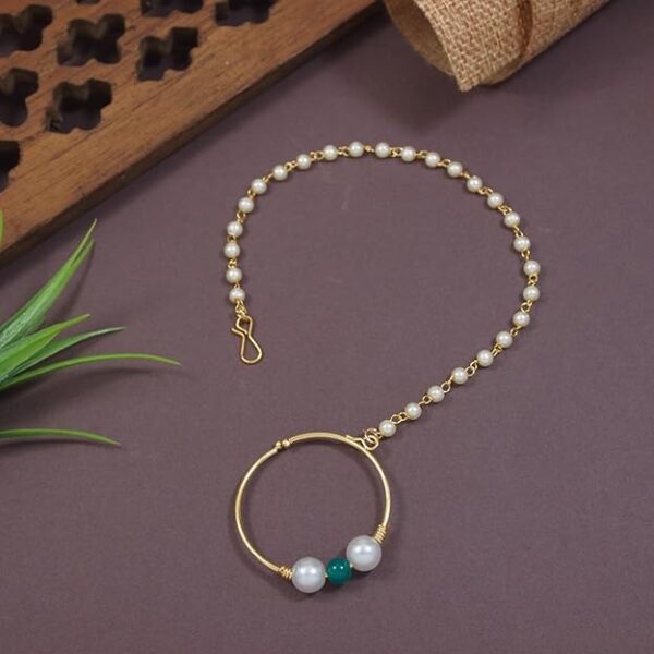 I Jewels Gold Plated Ethnic Bridal Nose Ring/Nath without piercing with Single Pearl Chain For Woman - Image 3