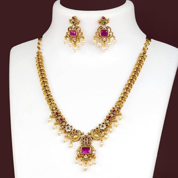 Sasitrends Enchanting Gold Plated Peacock and Floral Pearl Necklace Jewellery Set for Women & Girls - Image 3